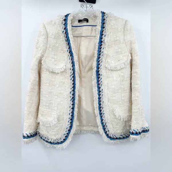 Magyann Cream Boucle Fringe‎ Trim Jacket Blazer Blue Trim Size XS Women's - Image 2
