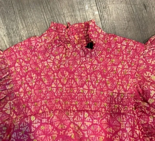 gold and fuchsia, print, smock, ruffle, mini dress - Image 4