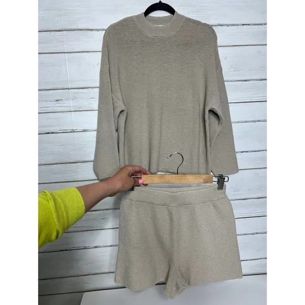 Zenana Beige Knit Lounge Matching Set Size Small Sweater Shorts Neutral Tan - Image 14