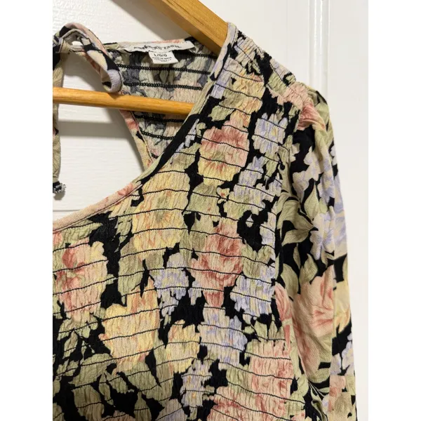 American Eagle Vintage Floral‎ Smocked Romper Long Sleeve Pockets Black Large - Image 3