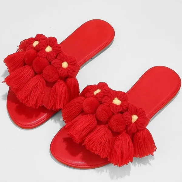 New Red Slide Sandal Tassel Pom Pom Faux Suede Slip On Bohemian Sz-8 - Image 7
