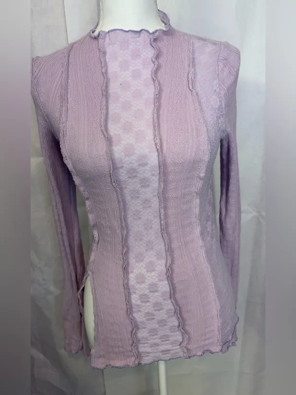 Free People Light Pink Ruffled Cable Knit Mock Turtleneck Sweater - Image 8