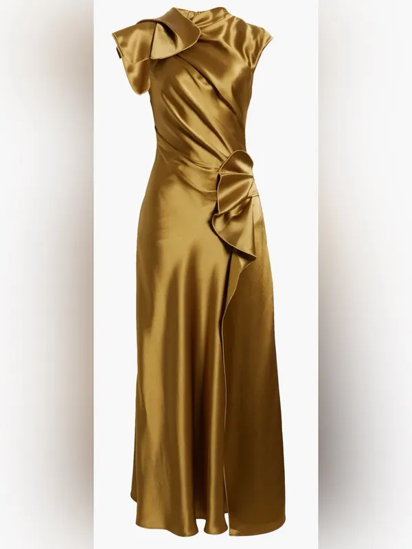 NEW ACLER Ramshaw Metallic Pleated Satin Gown golden moss Sz 4 - Image 4