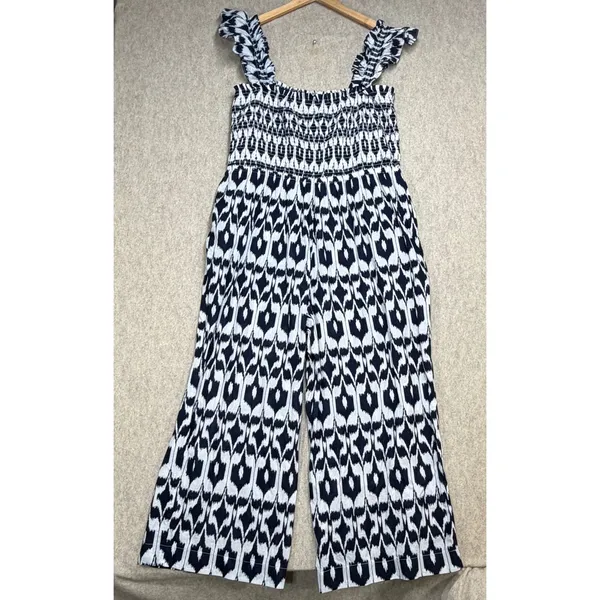 LOFT Beach Jumpsuit Women XL Petite Blue White Ikat Boho Coastal Summer Wide Leg - Image 2
