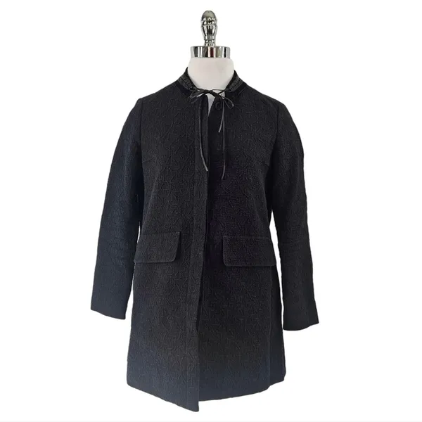 Maje Gretelle‎ Leather Trim Jacquard Knit Longline Coat Parisian Car Coat Sz 36 - Image 10