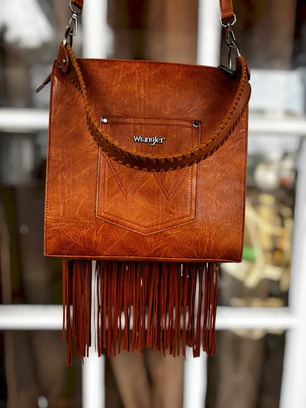 Wrangler Womens Floral Embossed Fringe Adjustable Strap Brown Hobo Crossbody Bag - Image 2