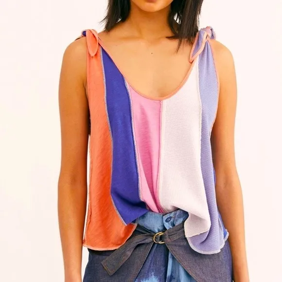We The Free Free People Carousel Patchwork‎ Tank Top Multi Color Tie Shoulder LG - Image 3