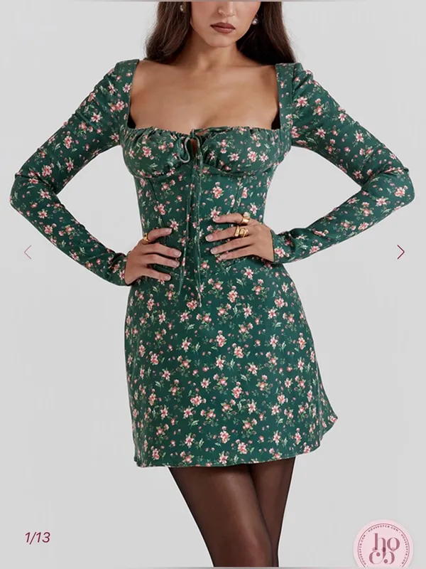 NEW House of CB MALIKA Green Floral Corset‎ long sleeve Mini Dress sz XS - Image 2