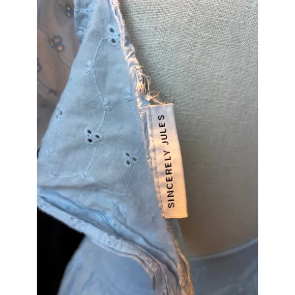 Sincerely Jules Light Blue Eyelet Mini Dress Puff Sleeve Tie Back‎ Smocked Waist - Image 5