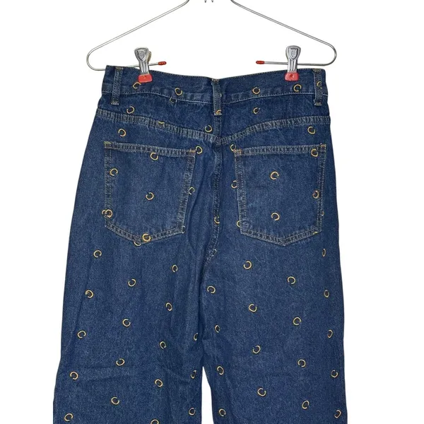 Cider Women's Jeans All Over Scatter Logo "C"‎ Wide Leg Flare Denim Blue Medium - Image 8