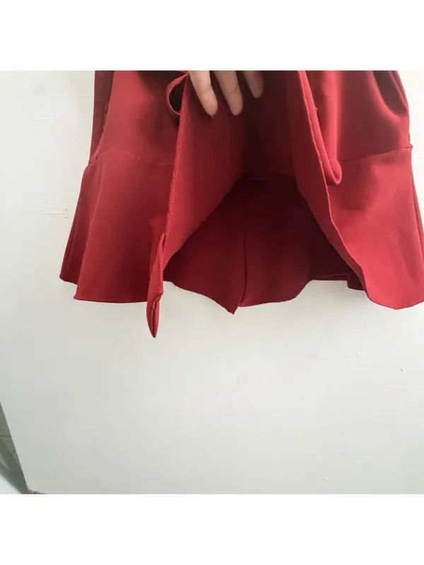 NEW Zara Red Ruffled Mini Skort Skirt High Waisted Tie Belt Shorts SMALL Womens - Image 6