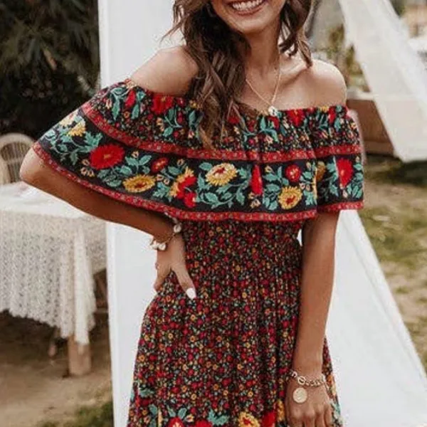 Supreme Fashion Black Floral Ruffle-Accent Off-Shoulder Dress Size XL C9-017 - Image 3