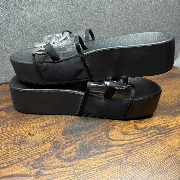 Chunky Platform Slides Black Clear Strap Silver Chain Sandals‎ Y2K Streetwear - Image 6