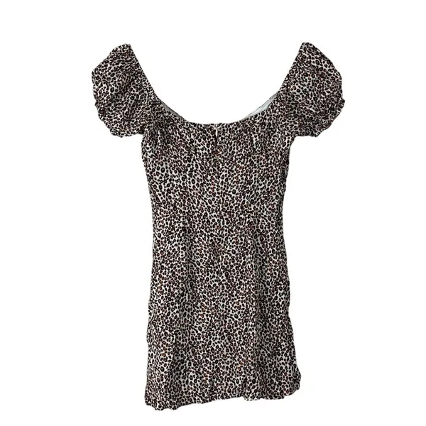 Womens Leopard Print Mini Dress Brown Animal Puff Sleeve Tie Front Size S - Image 4