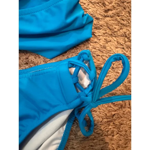 VENUS‎ Blue Bikini Set Medium Top Size 6 Bottoms Lace Up Wrap Swimwear - Image 4
