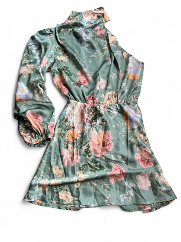 Hello Molly Satin One-Shoulder Floral Mini Dress - Sage Pink - Image 2