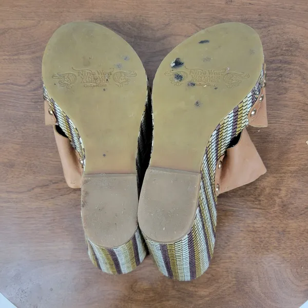 Nine West Womens Jaimy Sandals 7 Tan Leather Open Toe Cork Platform Wedge Heels - Image 13