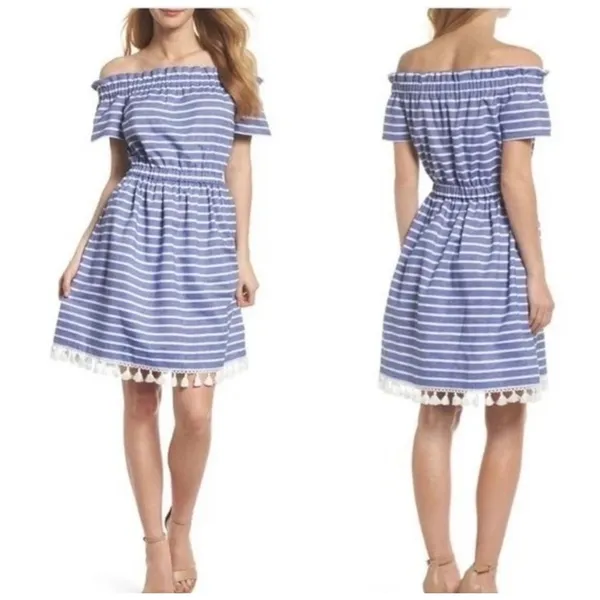 Eliza J Women Blue White Stripe Off The Shoulder Tassel Dress 6‎ - Image 2