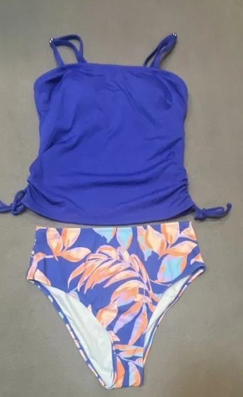 Cupshe Size S Blue Ribbed Tankini Top and Floral High-Waisted Bikini Bottom Set - Image 2