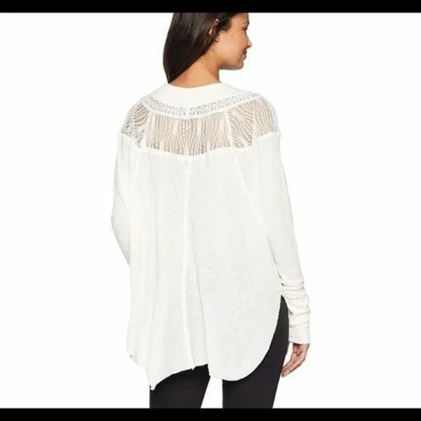 Free People Spring Valley Ivory Waffle Knit Lace Neck Long Sleeve Top Size Small - Image 2