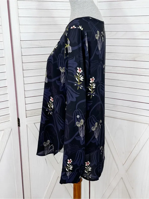 Loft Botanical Floral Print Tunic Blouse Blue Multi Medium Popover Chiffon‎ - Image 2