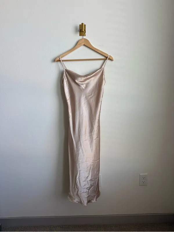 Bebe Satin Cowl Neck Slip Midi Dress Champagne Gold XS - Image 3