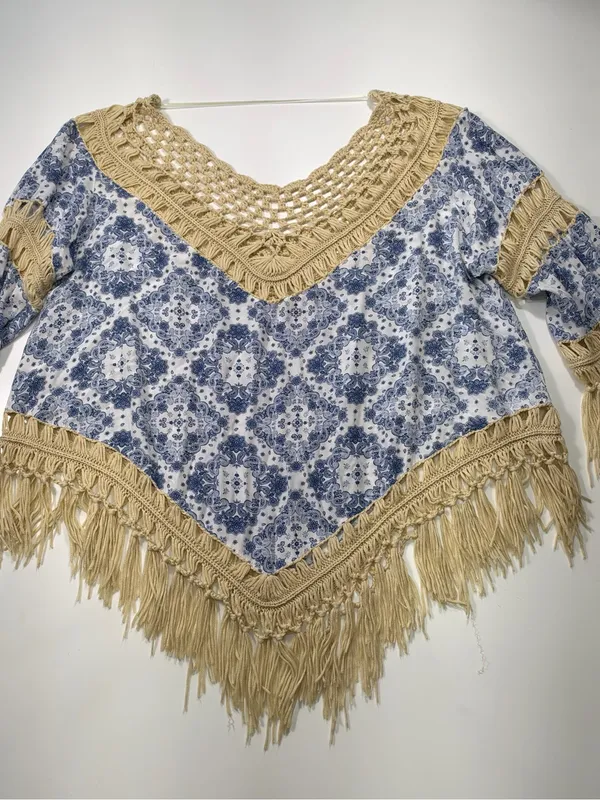 Umgee Blue & Beige Crochet Fringe Top Size 1x - Image 2