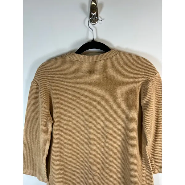 Reformation Jeans Tan Ribbed Knit Organic Cotton 3/4 Sleeve Top‎ Small Designer - Image 8
