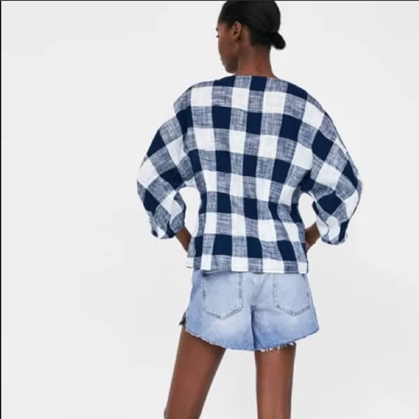 Zara Navy & White Check Linen Blouse size medium - Image 2