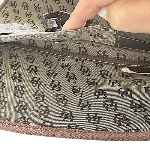 Dooney & Bourke Signature Monogram Tote Bag Brown Canvas Leather Trim Drawstring - Image 14