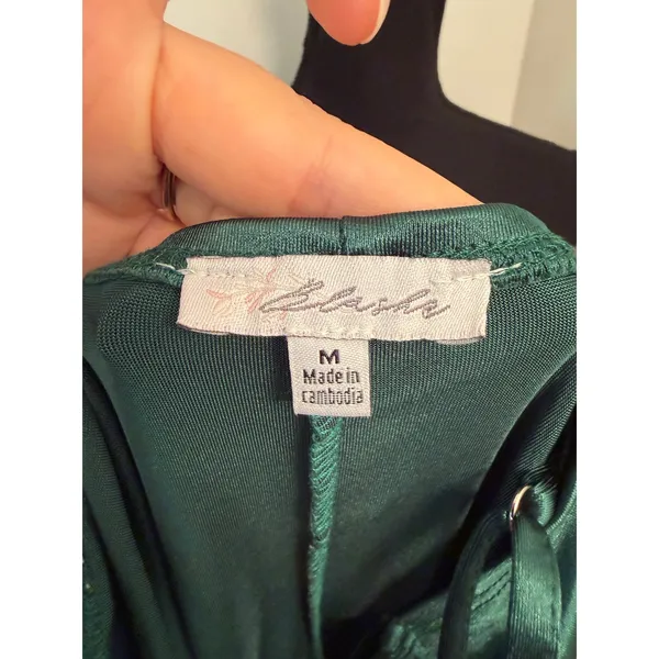 Emerald Green Satin Surplice Midi Dress with Slit Jewel Tone Wedding Guest - Image 9