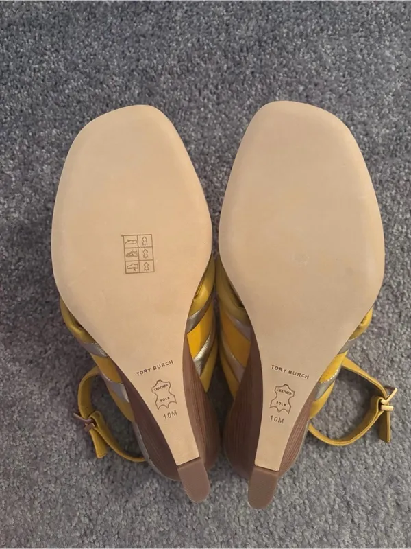 Authentic Tory Burch Yellow Leather Slingback Mules with Metallic Trim Size 10M - Image 2