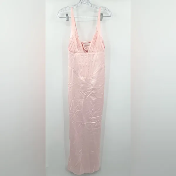 sthcute NEW‎ Satin Deep V Neck Corset Pink Maxi Dress Size Large - Image 2