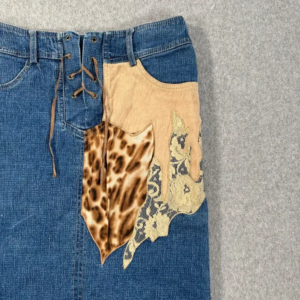 Y2k Patchwork Animal Print Midi Denim Skirt 27 Lace Up Cut Off Made in Italy - Image 2