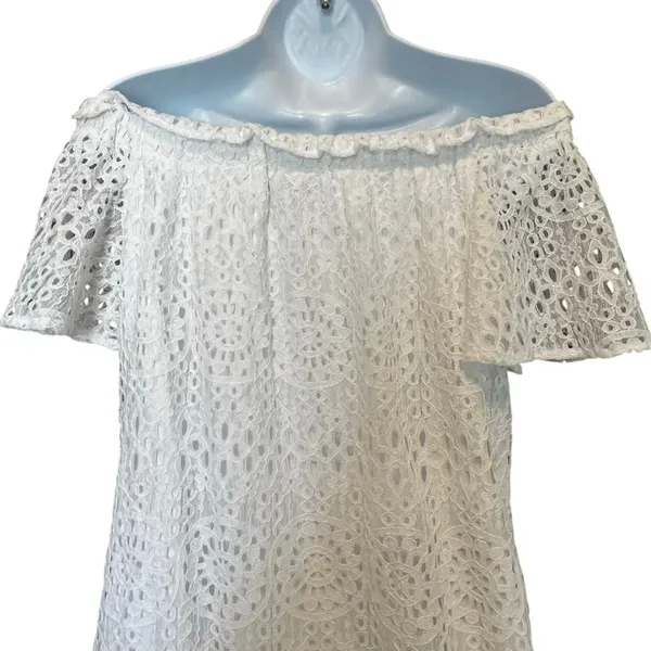 Eyelet Lace Off Shoulder Dress S Ruffle‎ Cottagecore Coastal Grandmother Boho - Image 6