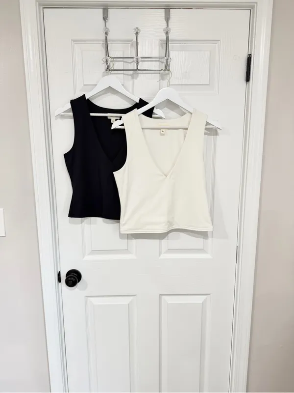 Open Edit 2 Pack V Neck Layering Tank Tops Black Ivory Capsule Wardrobe - Image 8