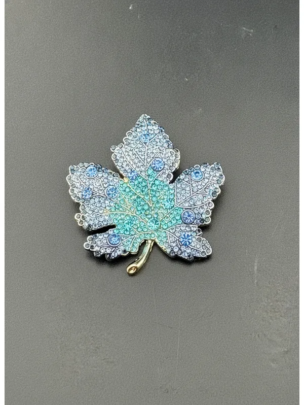 Blue and Turquoise Crystal Leaf Brooch Pin - Image 3