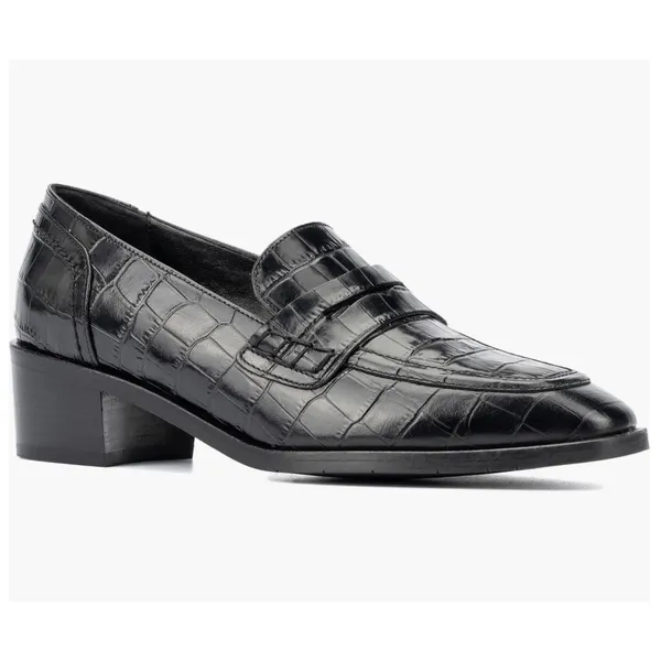 Aquatalia Riya Croc‎ Embossed Penny Loafer Black Leather Block Heel Size 7 New - Image 2