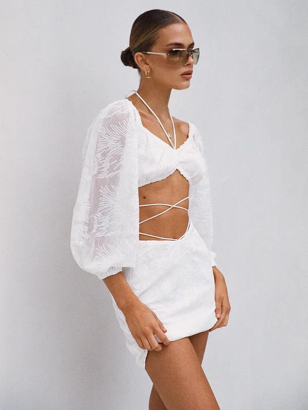 SABO Anita White Textured Long Sleeve Open Back Mini Dress Womens Large - Image 4