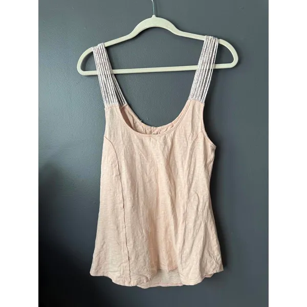 Free People Women's Peach Sleeveless Top with Embroidered Straps, Size LG - Image 2
