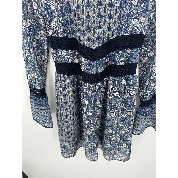 Maurices Dress Women MEDIUM NWT Blue‎ Printed Long Sleeve Tie Back Peasant Mini - Image 3