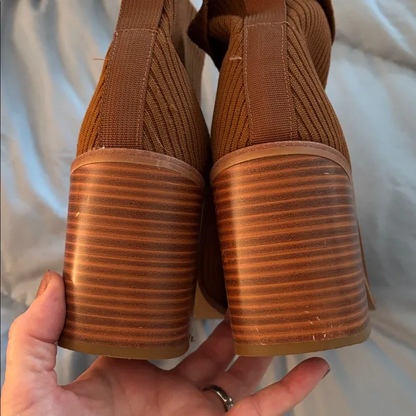 Steven cognac brown Nixie slip on 3.5” stack heeled sock Booties - Image 7