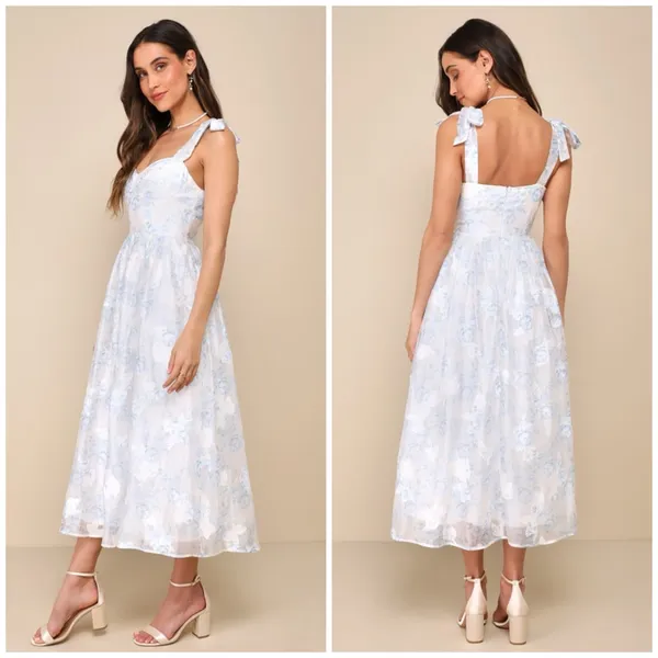 Lulus White Baby Blue Floral Burnout Tie-Strap Sweetheart Midi Dress Size M - Image 4