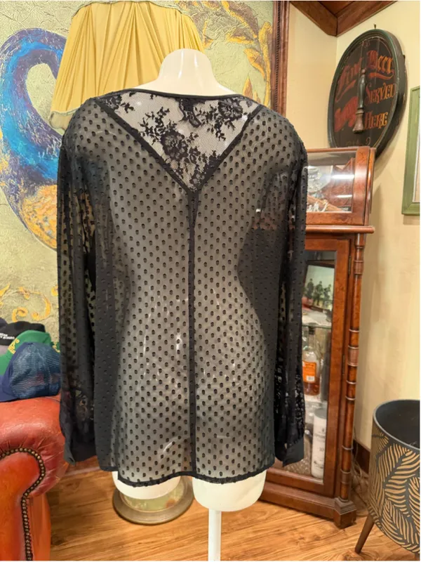 Ann Taylor Black Swiss Dot Lace Sheer Blouse Size Large V-Neck Button Front - Image 6