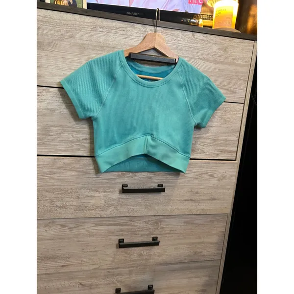 OFFLINE by Aerie Seamless Ribbed Crossover Crop Top Aqua Blue Short Sleeve M - Image 2
