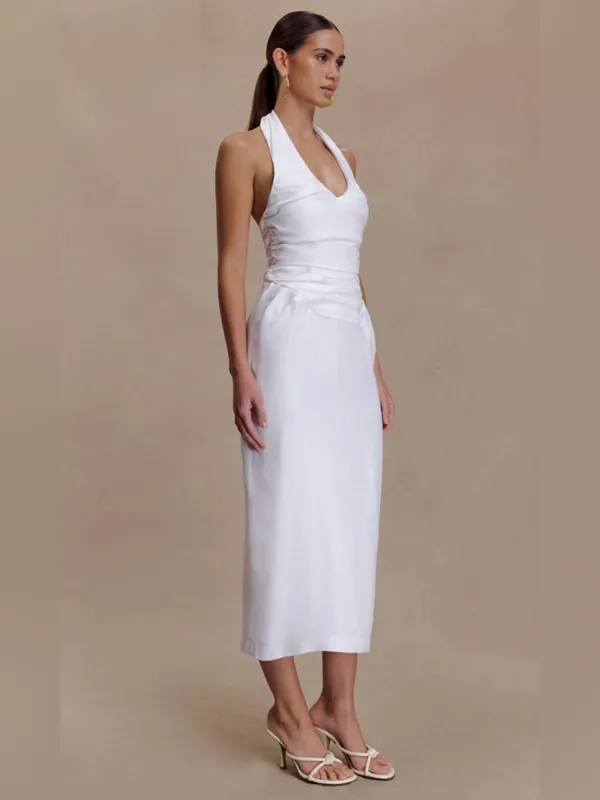 NEW Meshki Daniela Ruched Halter Midi Dress - White XXL - Image 5
