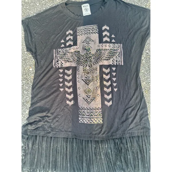 Y2K Vocal Womens XL Black Rhinestone Cross Eagle Fringe Hem T-Shirt Western Boho - Image 2