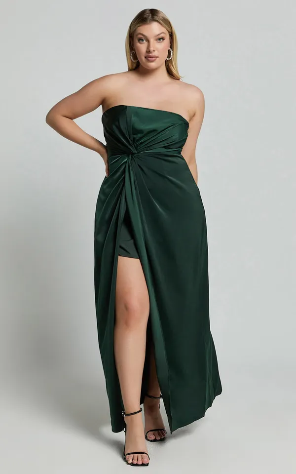 Showpo New Hathaway Maxi Dress Strapless Straight Neck Twist Front Split Emerald Large - Image 2