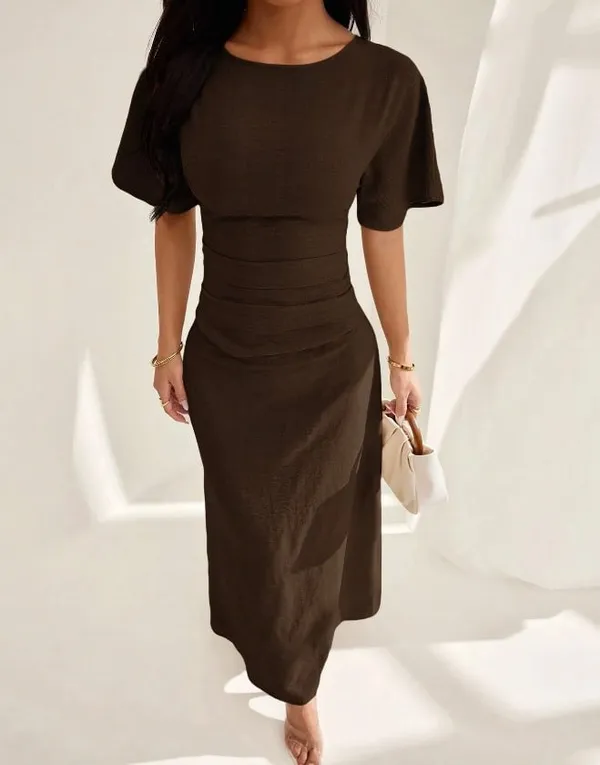 Dark Brown Round Neck Short Sleeve Waist-Defining Maxi Dress - Image 3