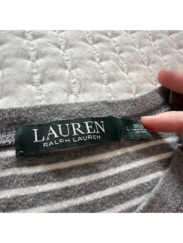 Lauren Ralph Lauren Large L Gray White Striped Long Sleeve T Shirt Brown Patches - Image 9